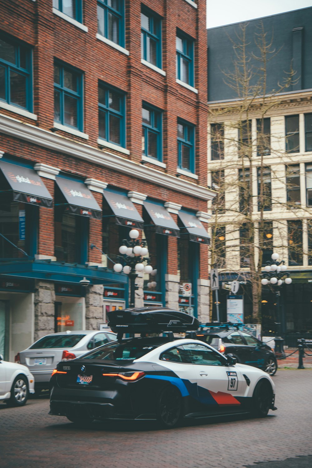 a police car parked in front of a building