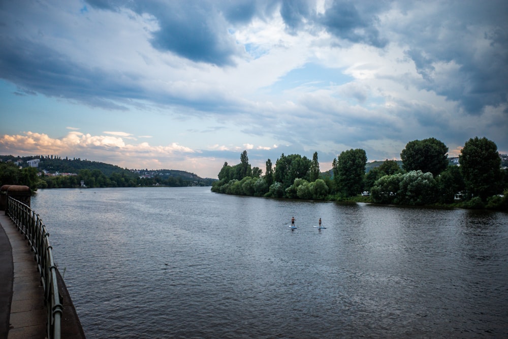 a body of water with trees and buildings around it