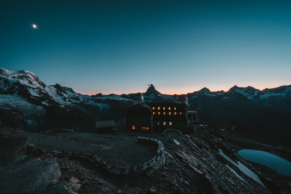 a building with lights on at night