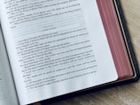 An open book revealing a page from the Bible, displaying text from Psalm 25 with clear, bold headings and prominent verse numbers. The book's edges are gilded, and it rests on a wooden surface, slightly angled for easy reading. Light from the upper left casts a soft shadow.
