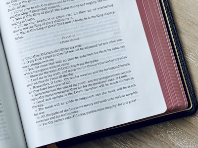 An open book revealing a page from the Bible, displaying text from Psalm 25 with clear, bold headings and prominent verse numbers. The book's edges are gilded, and it rests on a wooden surface, slightly angled for easy reading. Light from the upper left casts a soft shadow.