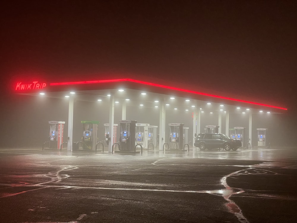 a gas station at night