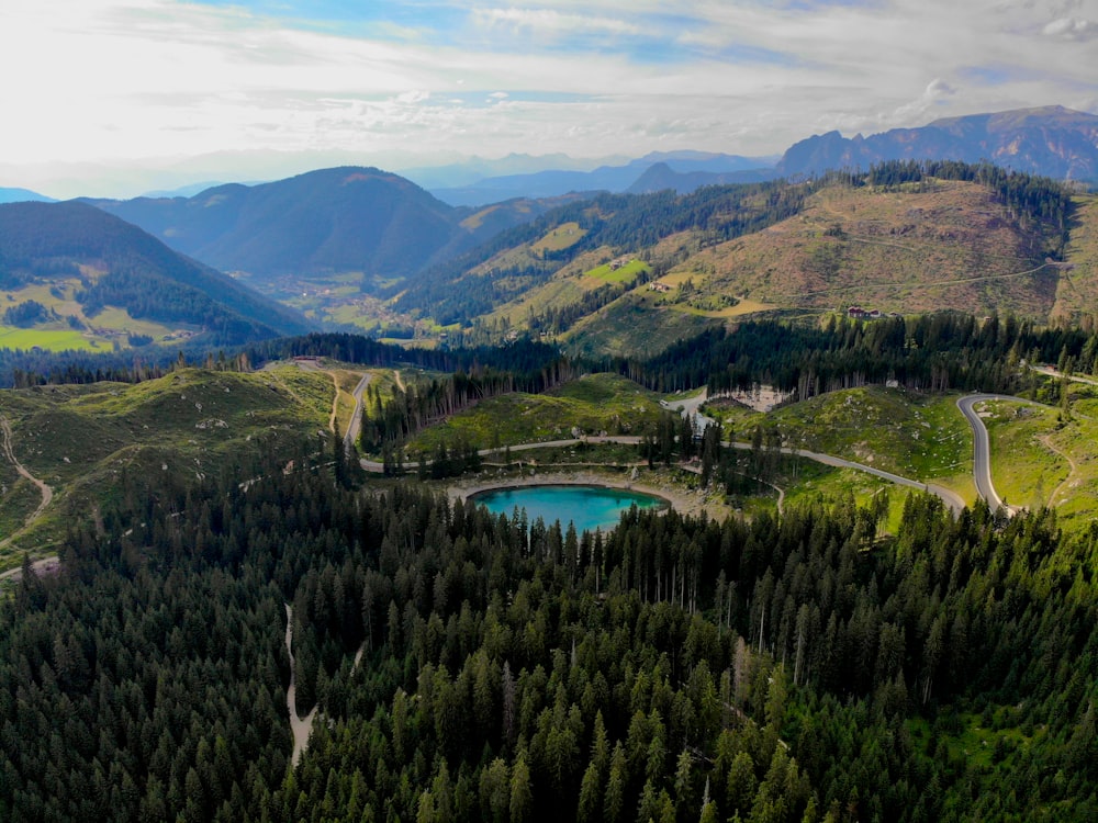 a lake surrounded by trees and mountains