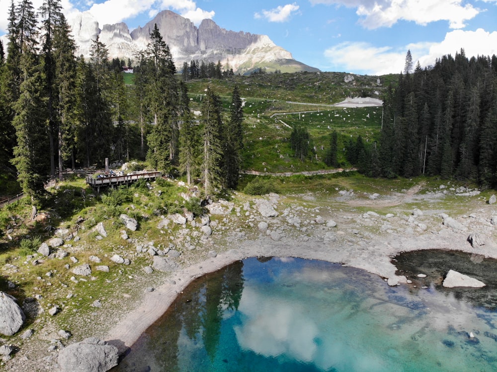 a lake surrounded by trees and mountains