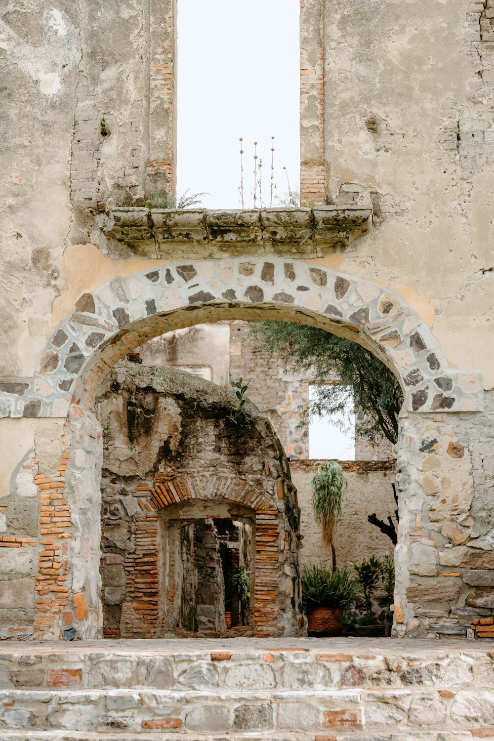 a stone archway with plants growing in it