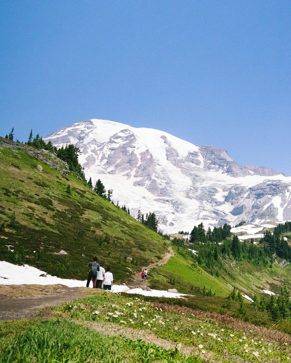 a group of people walking on a path in front of a mountain