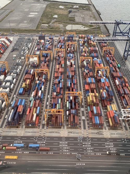 A bustling shipping yard with containers and heavy machinery ready for export under a bright sky.