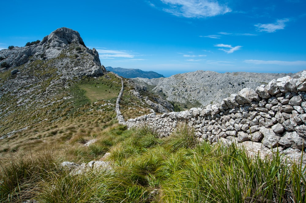 a rocky hillside with grass and rocks