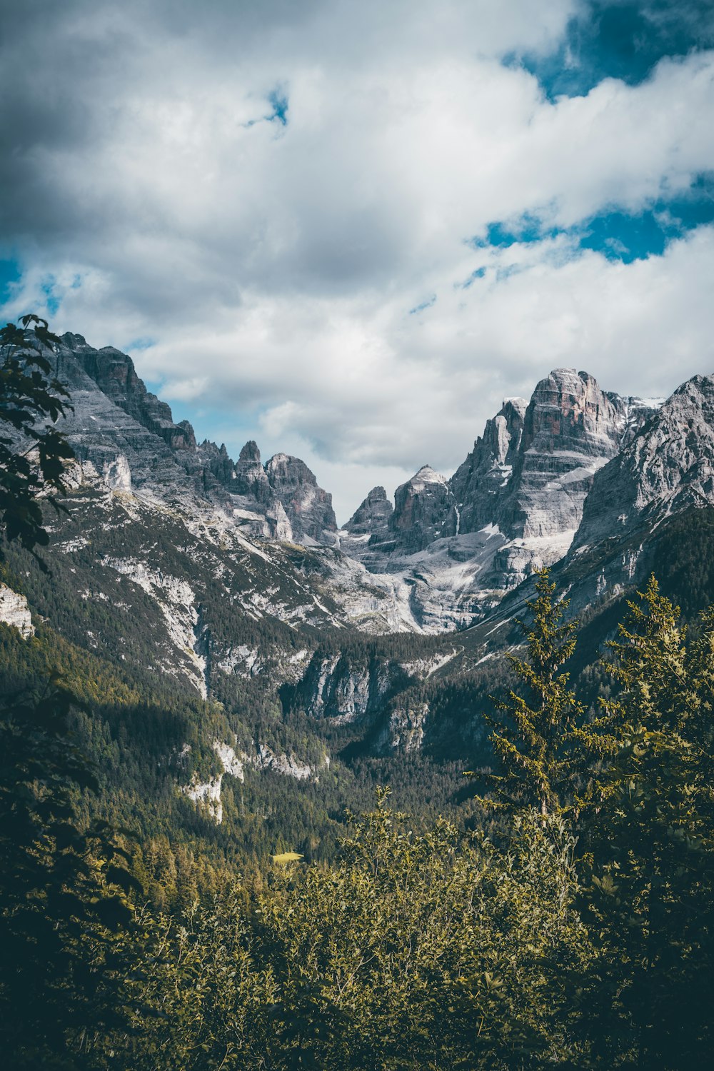 a mountain with trees and clouds