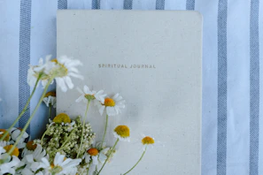 Healing journal with a rounded card design, featuring handwritten affirmations and a soft beige backdrop.
