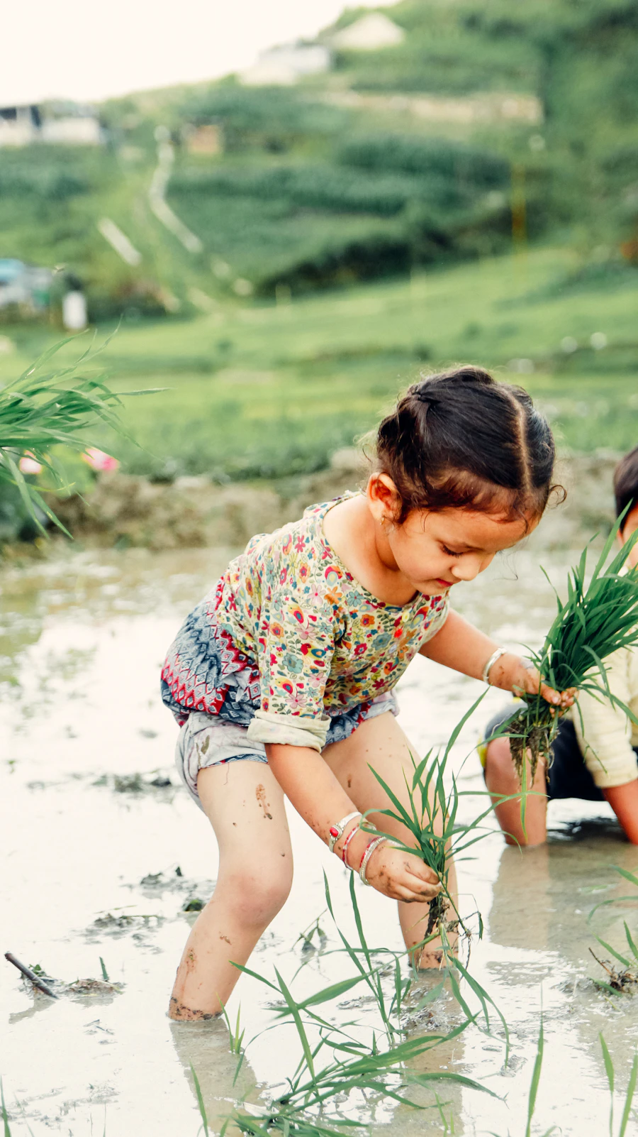 A young girl planting seedlings in a garden field