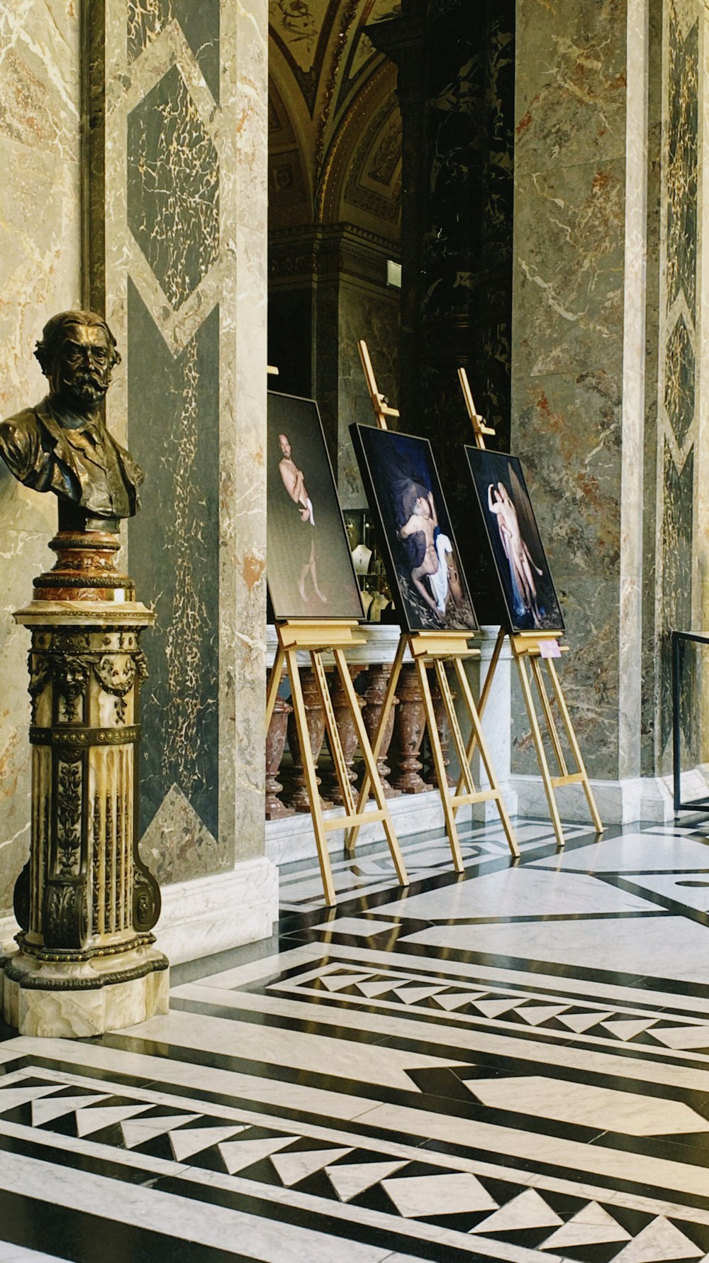 a room with art and statues