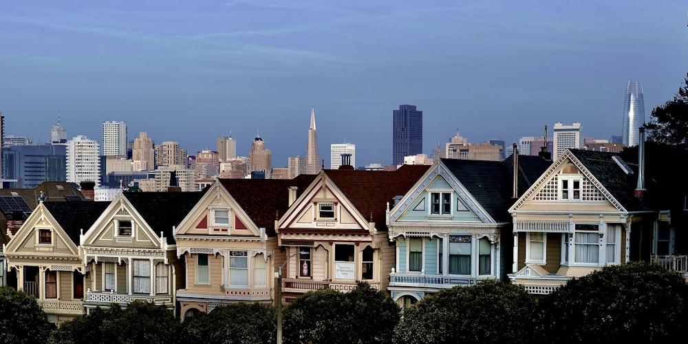 a group of houses with a city in the background