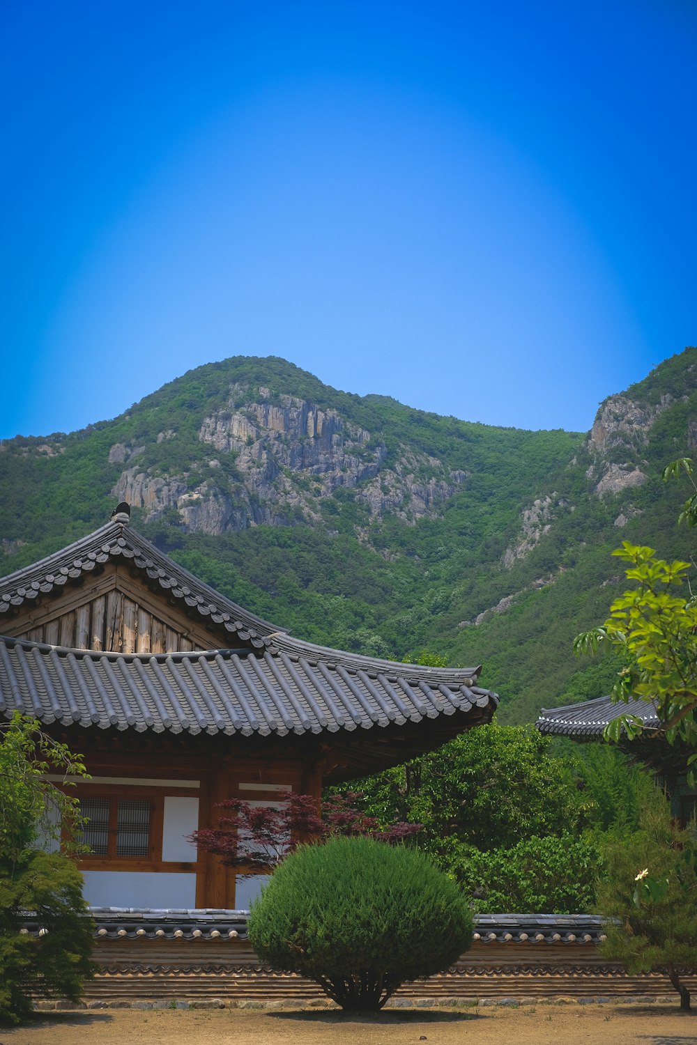 a house with a mountain in the background