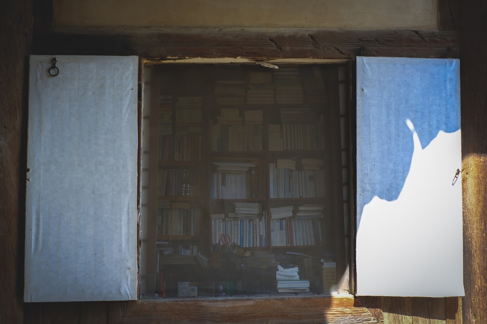 a window with a bookcase and a book shelf