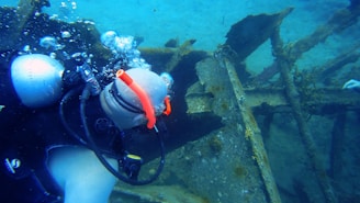 A scuba diver equipped with diving gear swims near an underwater shipwreck. Bubbles surround the diver as they explore the rust-covered metal structure partially covered with marine growth. The water is a clear blue, enhancing the view of the wreckage and the diver's equipment.