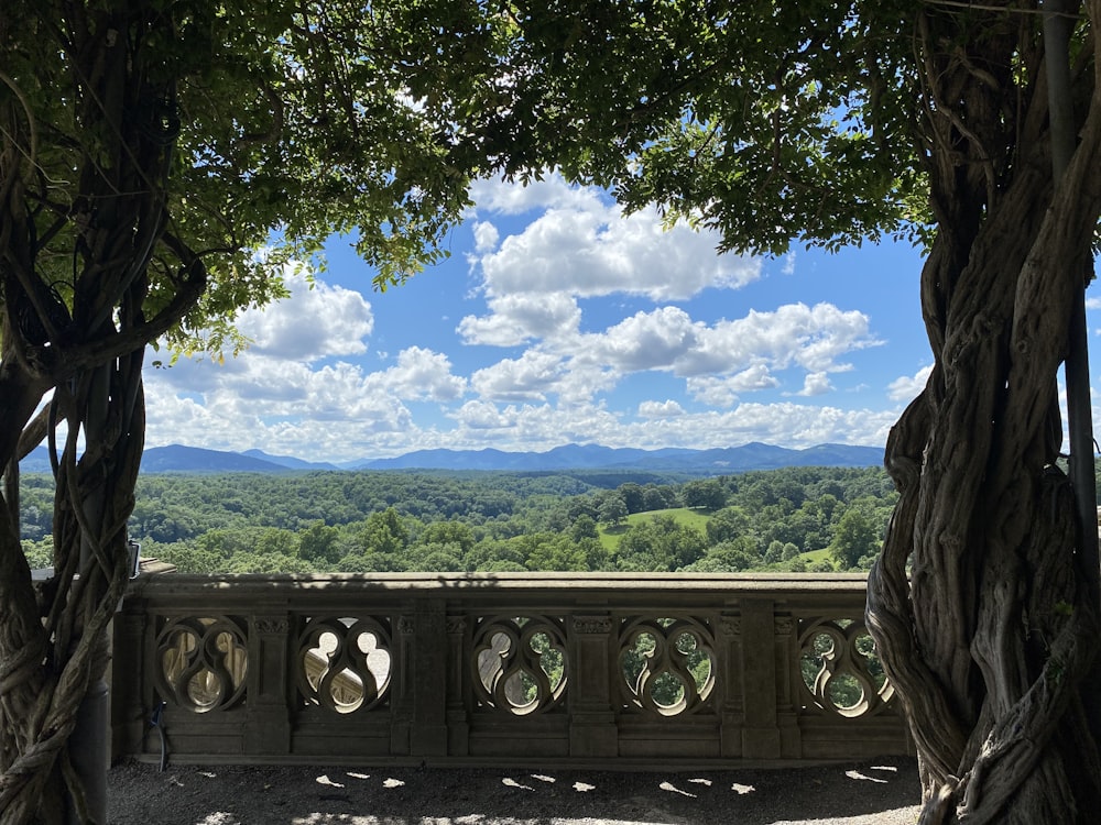 a fence with trees and mountains in the background