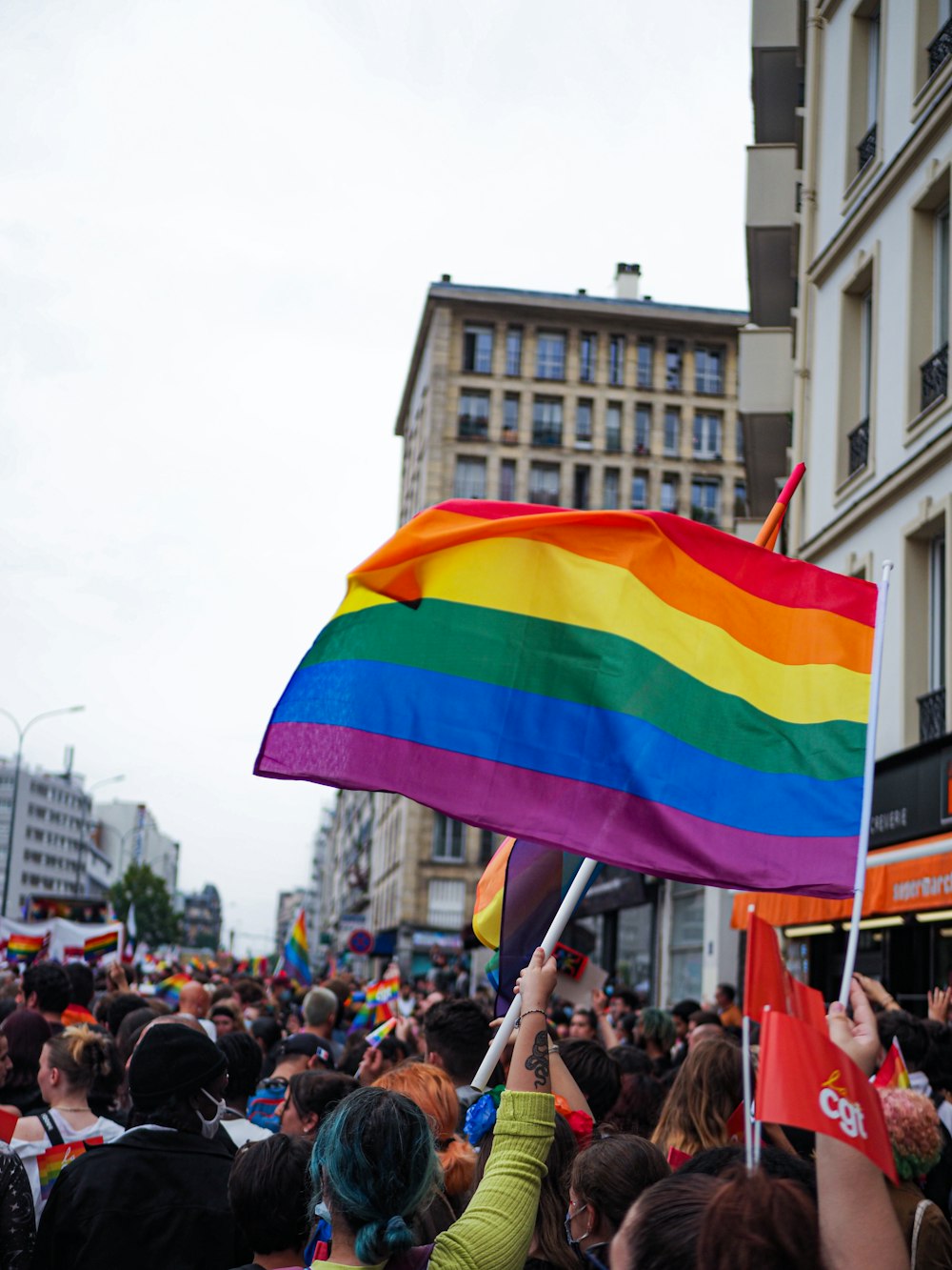 a crowd of people holding flags