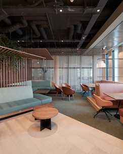 Comfortable lounge seating bathed in natural light with subtle green accents.