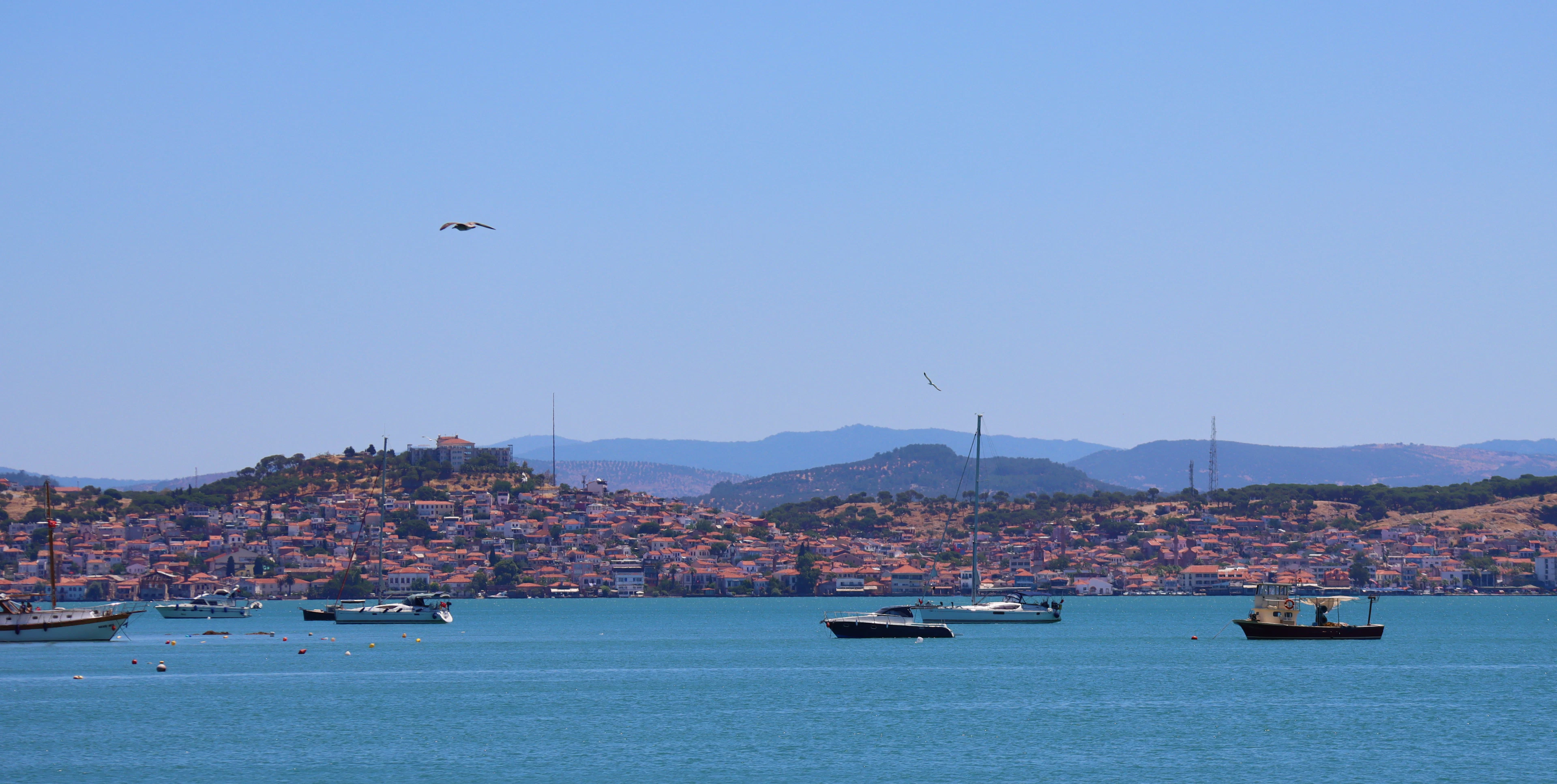 The houses of Cunda island on a hillside above the bay, with fishing boats and yachts on the water