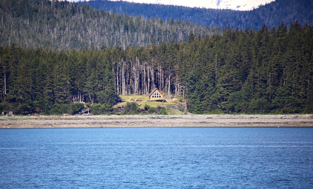 Una casa en una colina junto a un lago