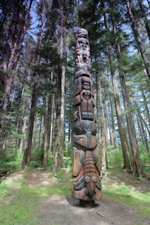 A tall, intricately carved totem pole stands in the midst of a dense, lush forest. The totem is adorned with various animal and human motifs, showcasing detailed craftsmanship. Surrounding the totem are towering trees with abundant green foliage, and sunlight filters through the branches, casting dappled light on the ground.