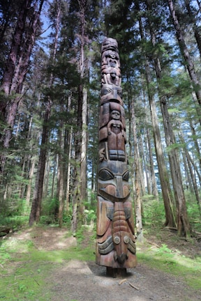 A tall, intricately carved totem pole stands in the midst of a dense, lush forest. The totem is adorned with various animal and human motifs, showcasing detailed craftsmanship. Surrounding the totem are towering trees with abundant green foliage, and sunlight filters through the branches, casting dappled light on the ground.