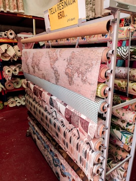 A display of various rolls of fabric on a rack, with patterns ranging from a world map to geometric and floral designs. A yellow sign above reads 'TELA RESINADA 6.50&euro; 1.40 ANCHO'. The setting appears to be a fabric store with shelves filled with different types of fabric.