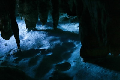 a group of people standing in a cave