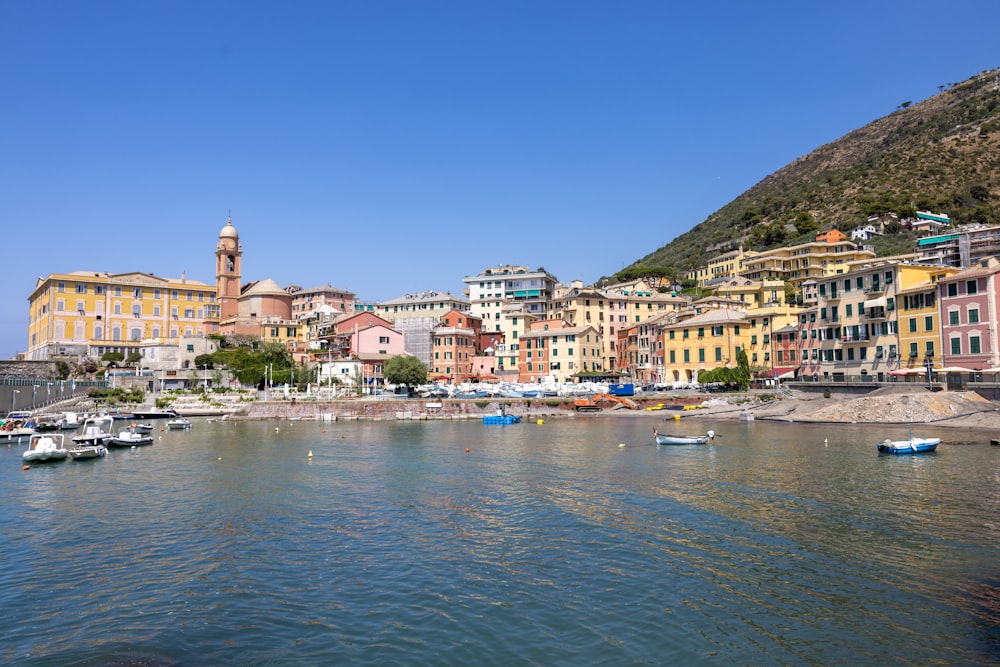 a body of water with boats and buildings along it