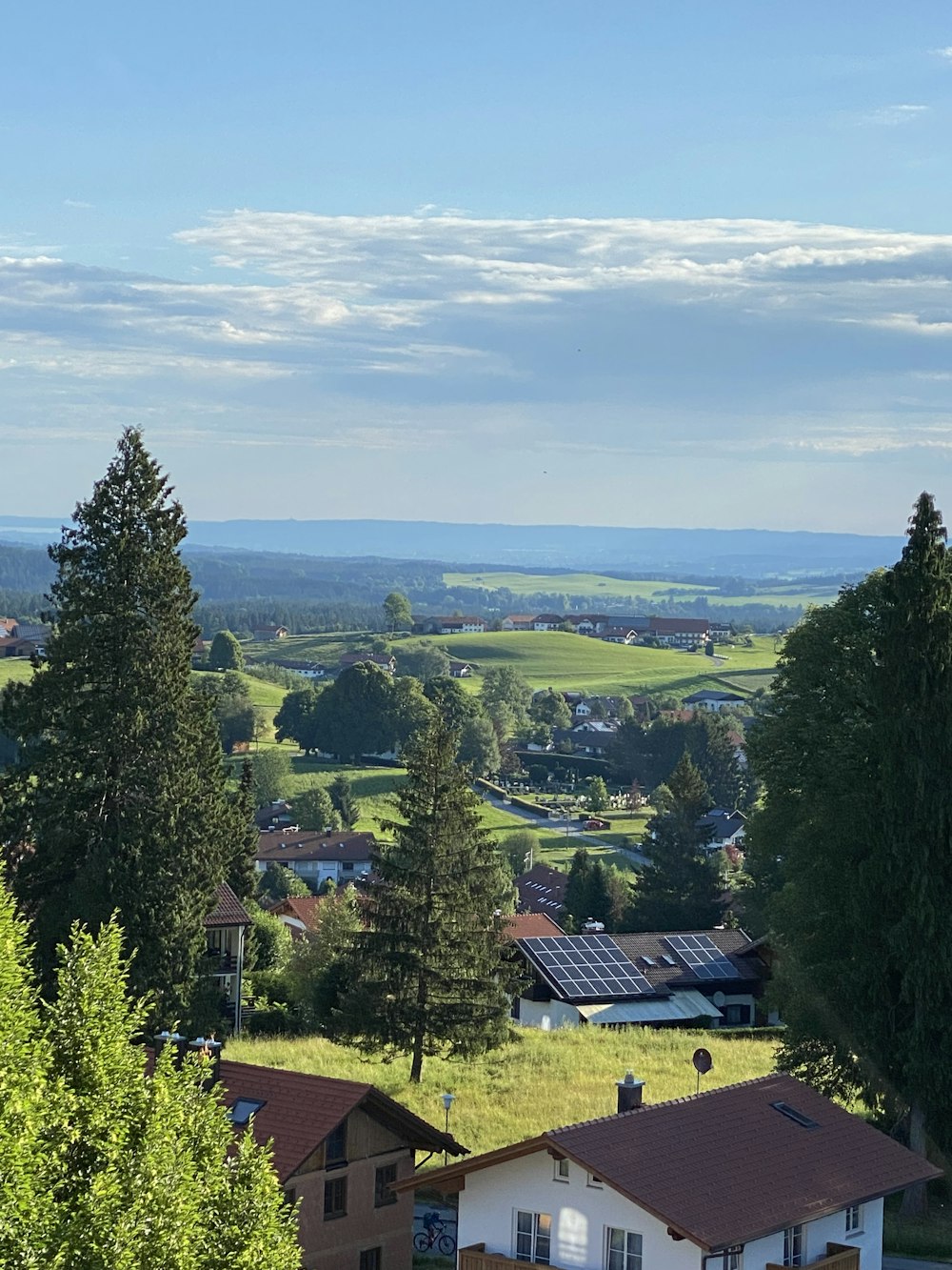 a view of a town with trees and a body of water in the background