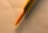 A close-up of a fine-tipped paintbrush with an orange bristle, set against a soft, beige background. The metal ferrule holding the bristles is gold, adding a touch of sophistication.