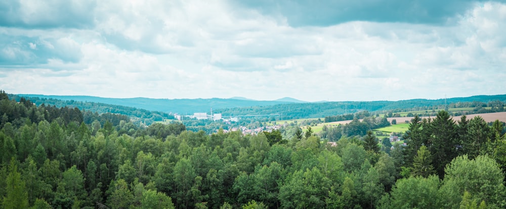 a landscape with trees and hills