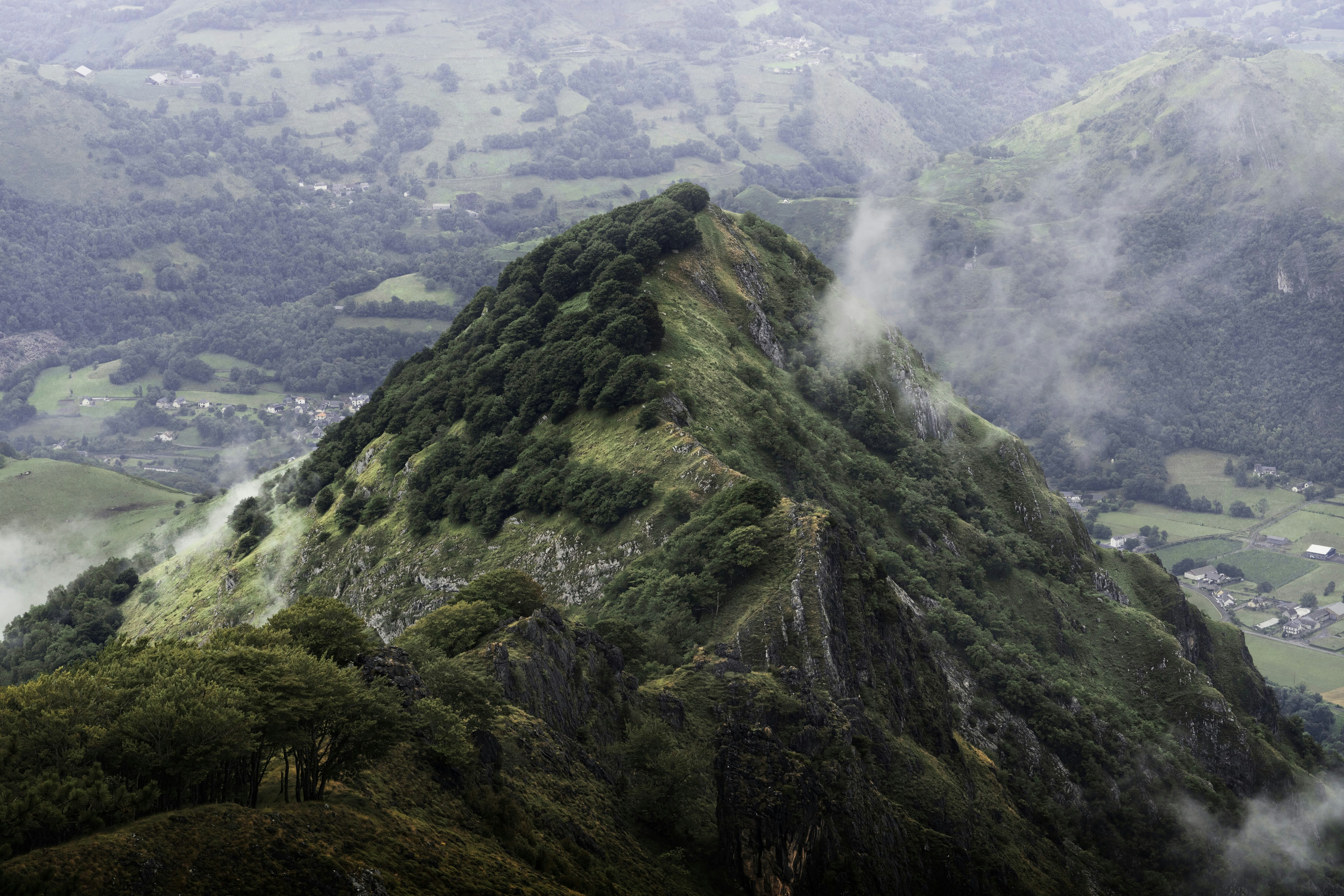 a mountain with trees and a valley below