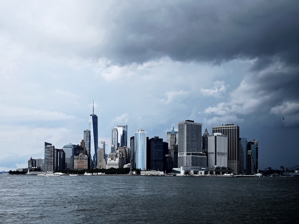 a city skyline by the water