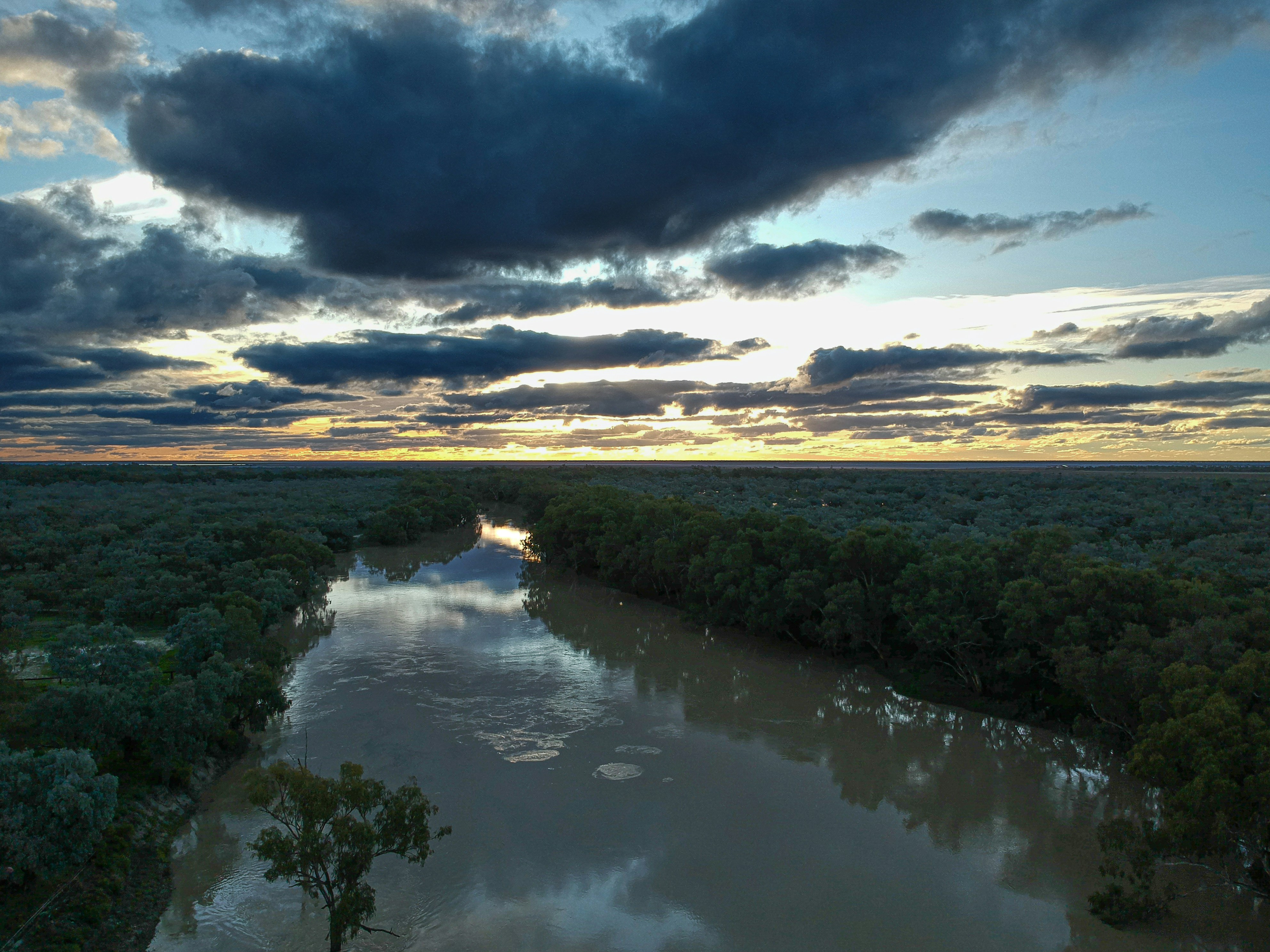 a river with trees and clouds above