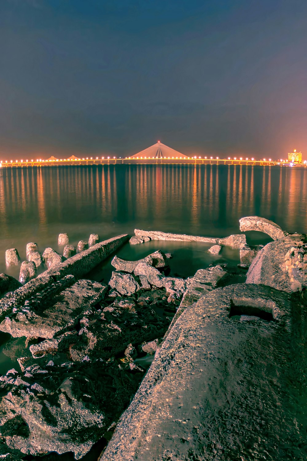 a body of water with a bridge and a city in the background