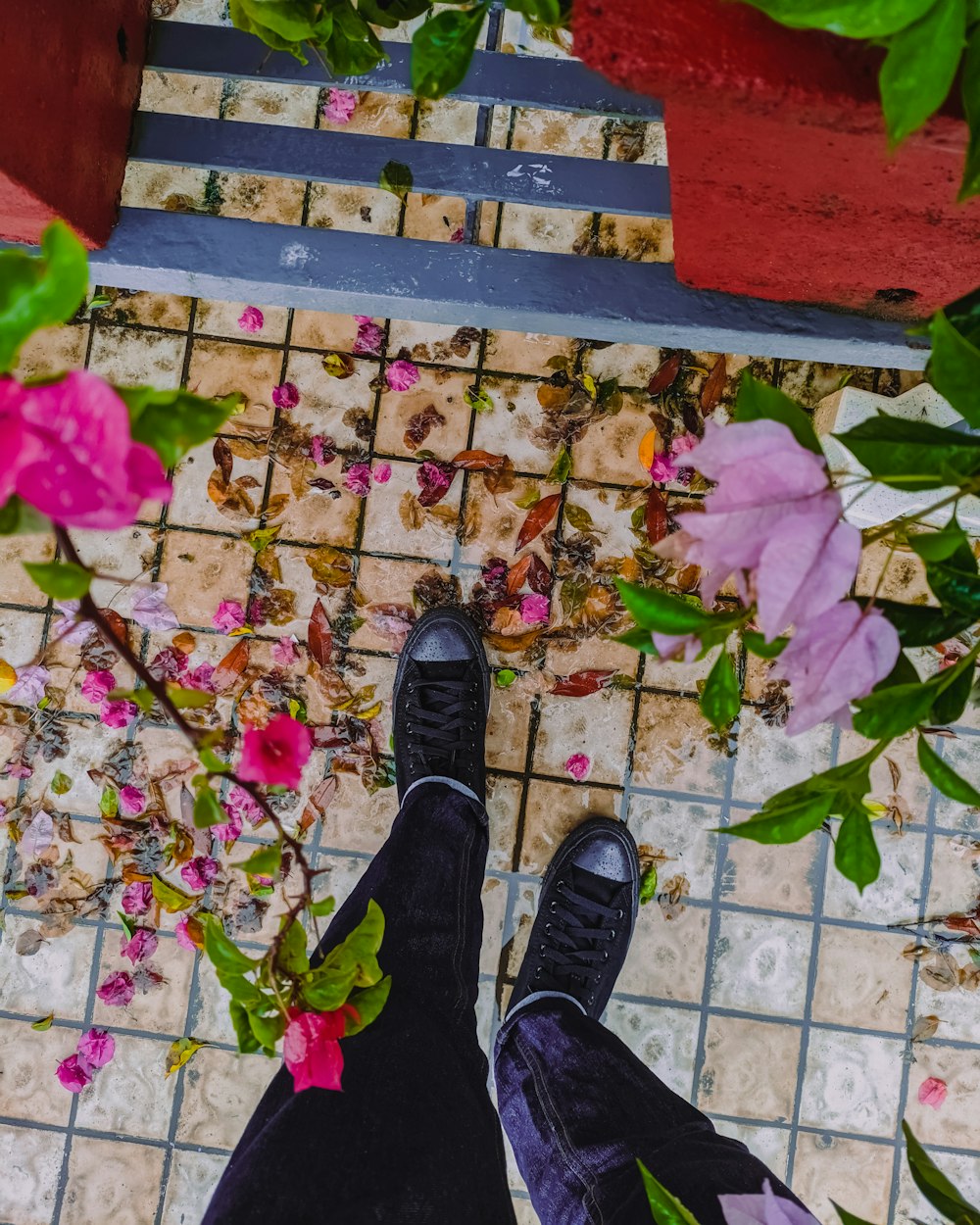 a person's feet on a colorful mat