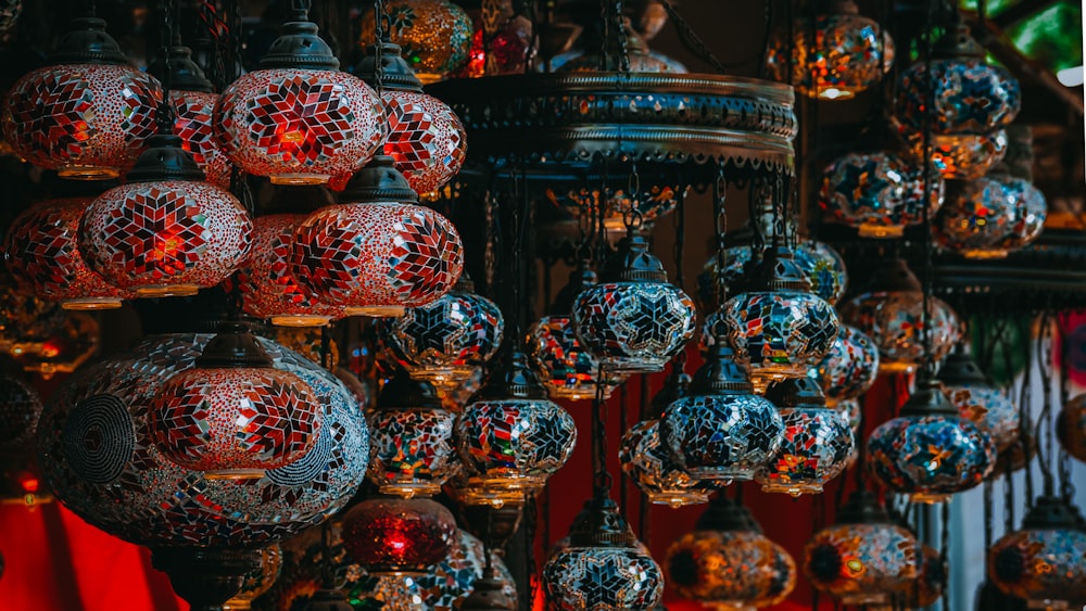 a group of colorfully decorated lamps