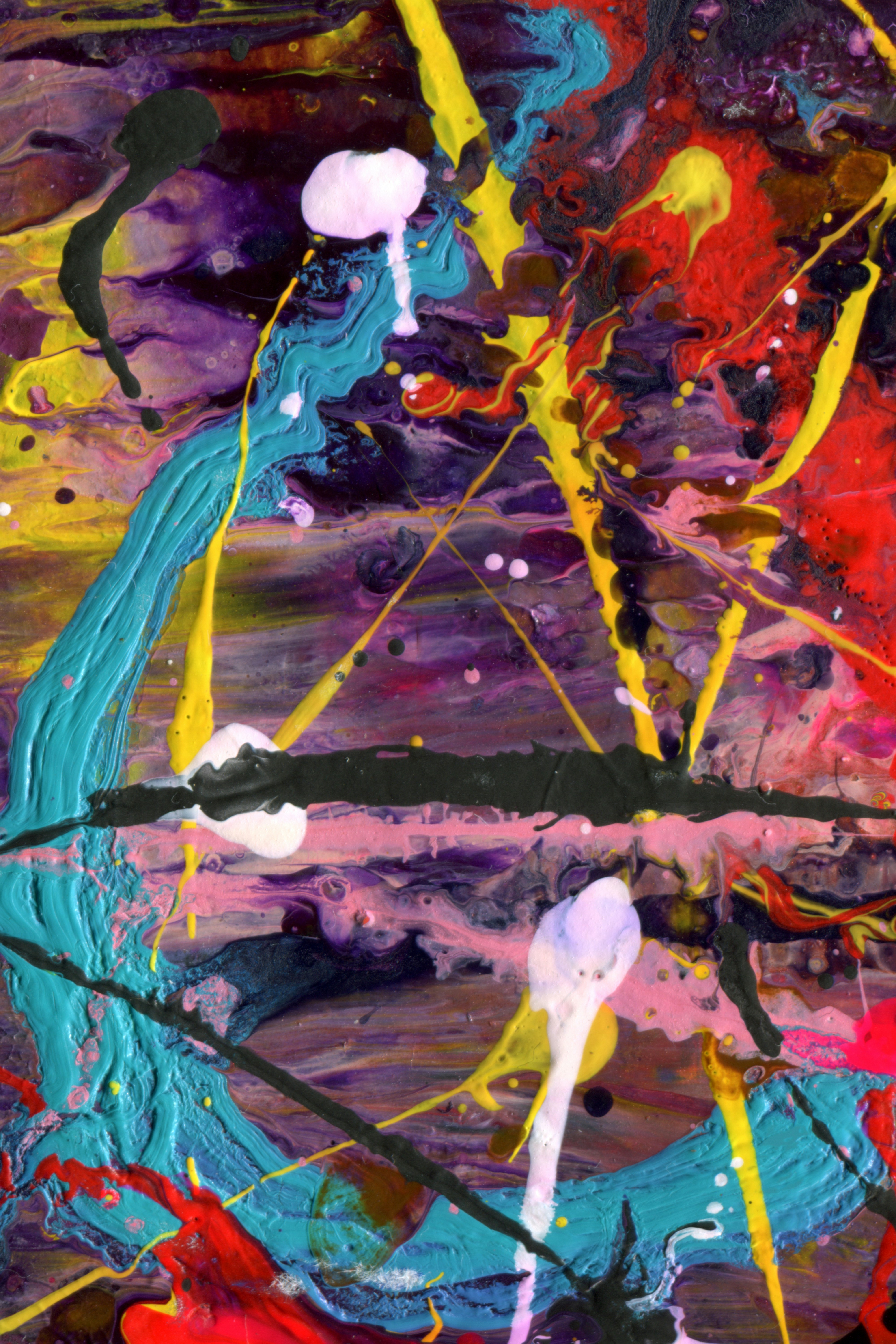 Abstract colorful paint splashes and drips on dark canvas