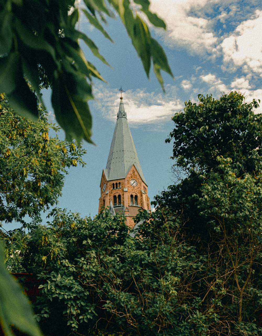 a clock tower in front of a tree