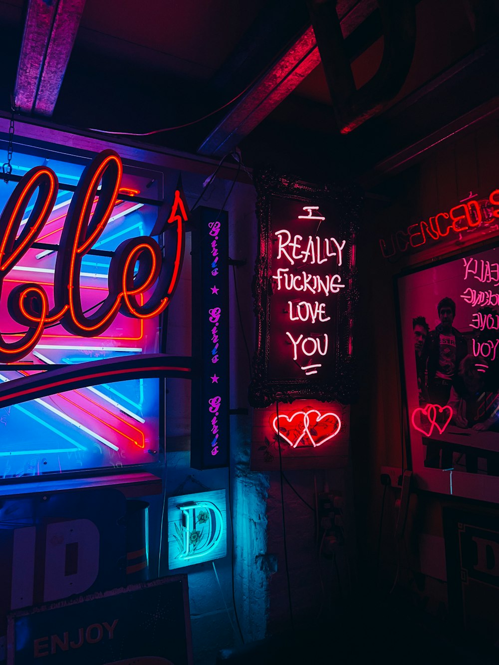 a building with neon signs