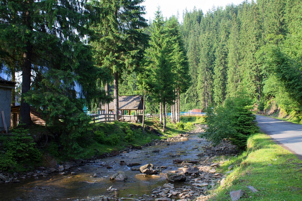 a stream with a house in the background