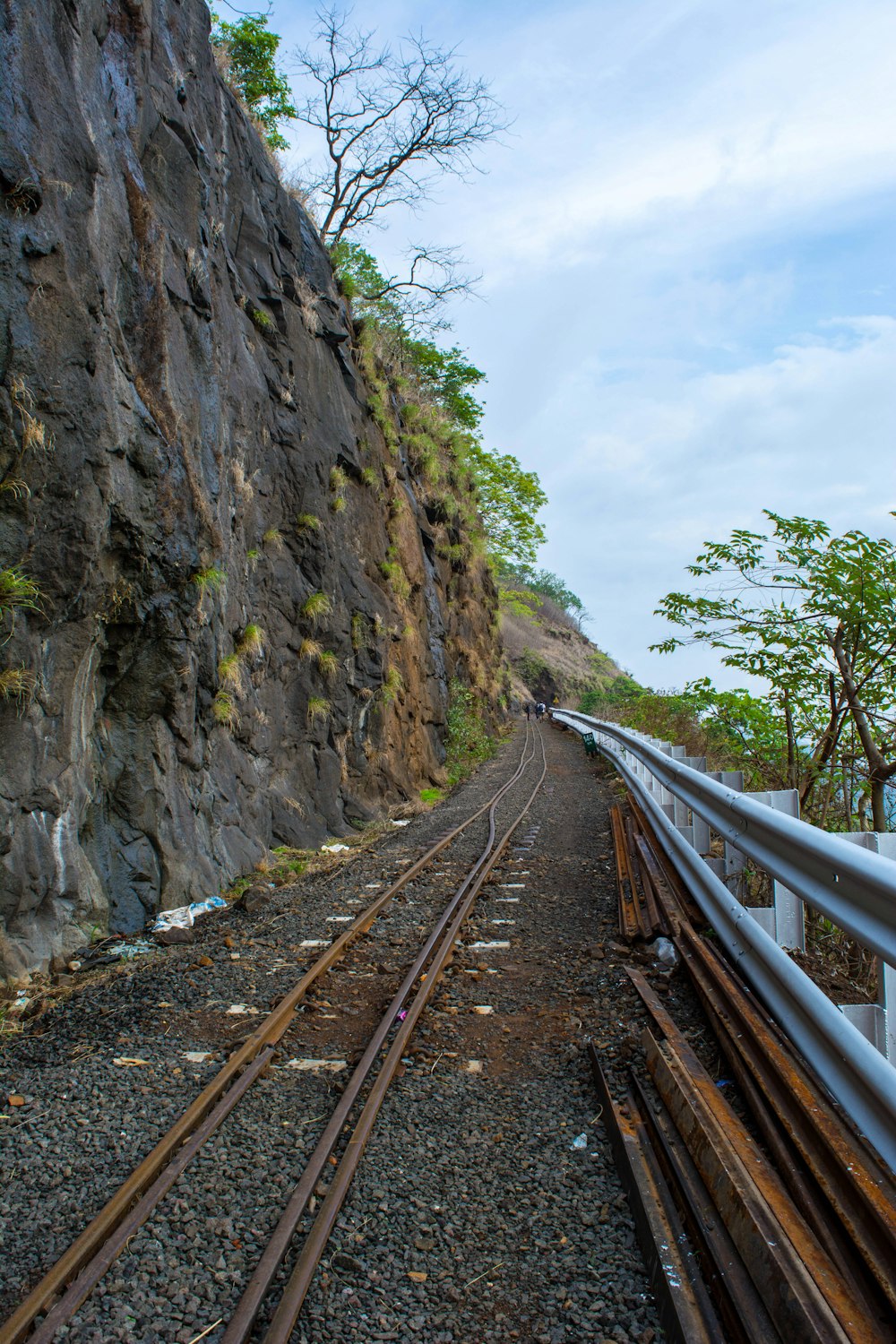 train tracks next to a cliff