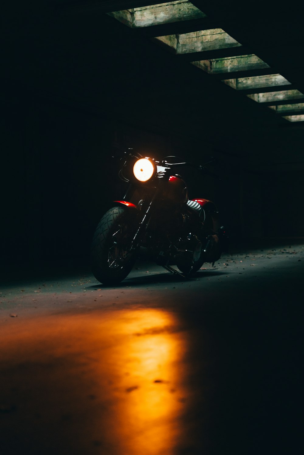 a motorcycle parked in a tunnel