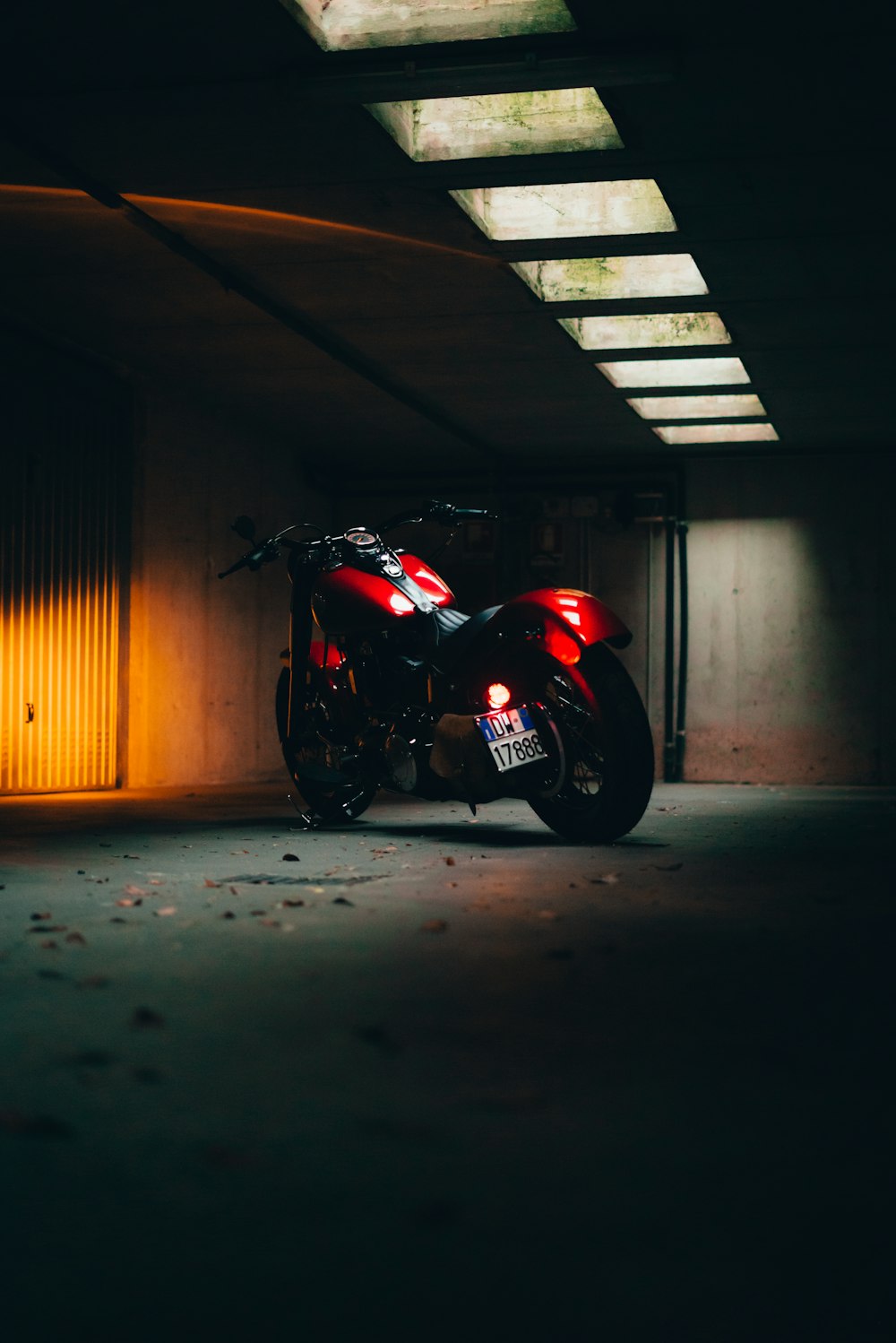 a motorcycle parked in a garage