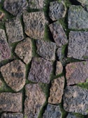 A close-up of a textured stone wall with irregularly shaped stones of various sizes. The stones are adorned with patches of moss, giving it a natural and weathered look. The colors of the stones range from gray to brown, with touches of green from the moss.