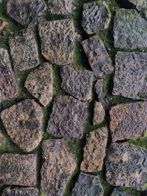 A close-up of a textured stone wall with irregularly shaped stones of various sizes. The stones are adorned with patches of moss, giving it a natural and weathered look. The colors of the stones range from gray to brown, with touches of green from the moss.