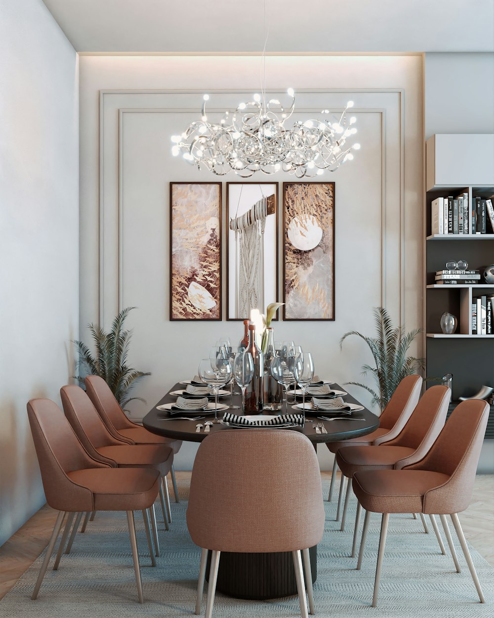 a dining room with a chandelier and chairs