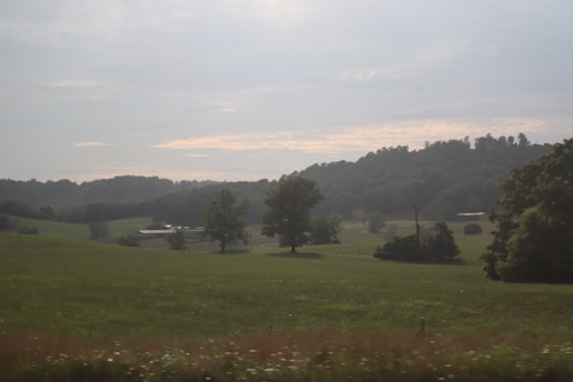 A peaceful prairie landscape with open fields and a small village in the distance.